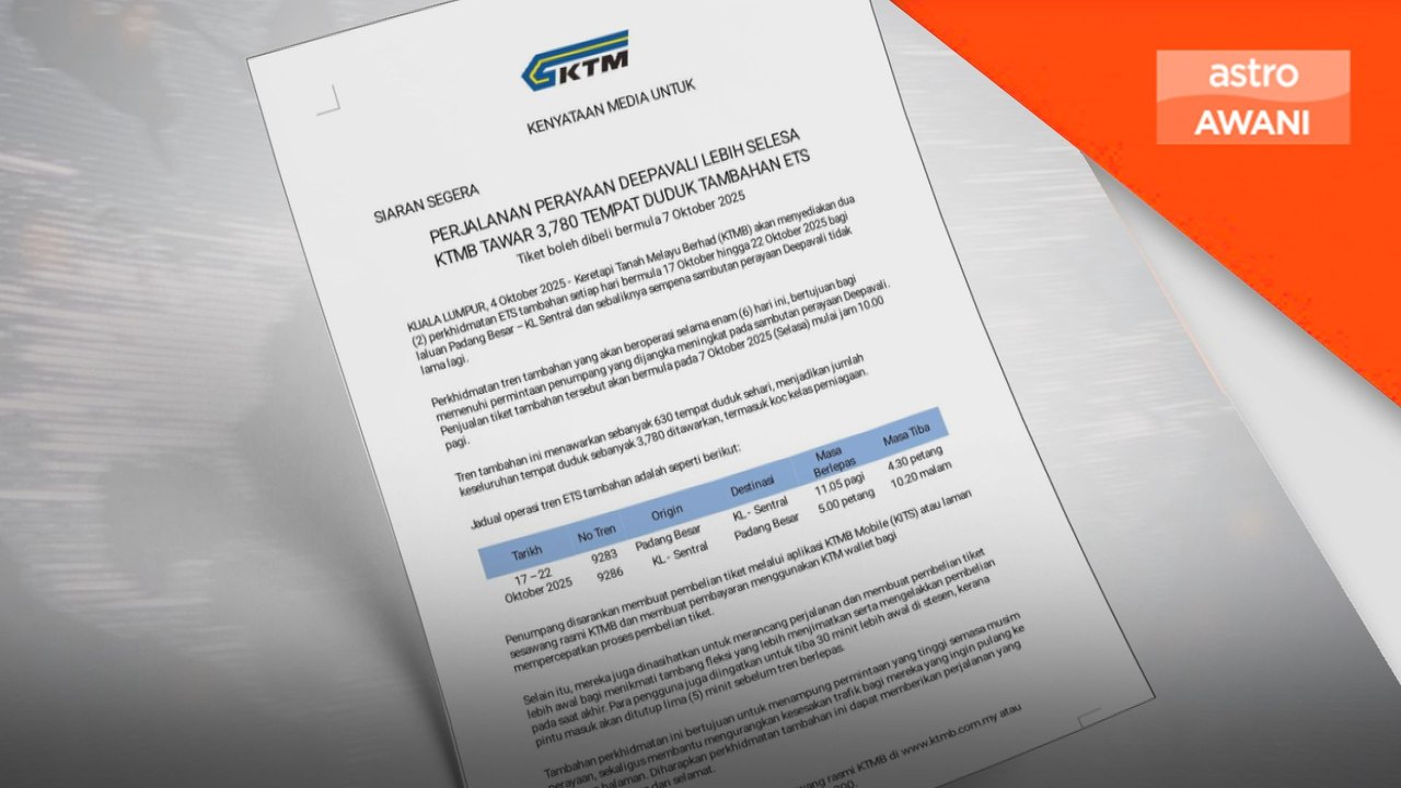 KTMB tambah tren ETS sempena Deepavali, tiket dijual mulai Selasa