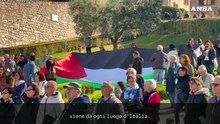 Bandiere della Palestina sul prato davanti alla Basilica di Assisi