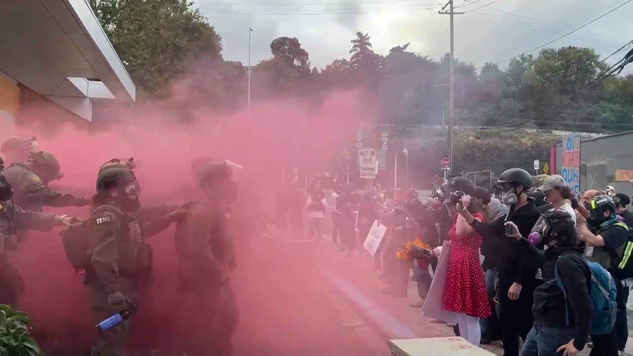 Protests outside ICE headquarters in Portland as Trump vows to cut federal aid to city