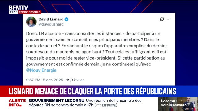Il est impossible pour moi de rester vice-président des LR: David Lisnard, menace de claquer la porte des Républicains, si la participation au gouvernement est confirmée
