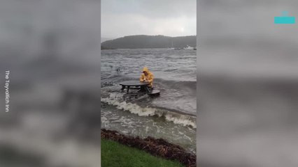 Man Enjoying a Pint While Waist Deep in Flood Water