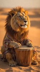Lion play drums in desert