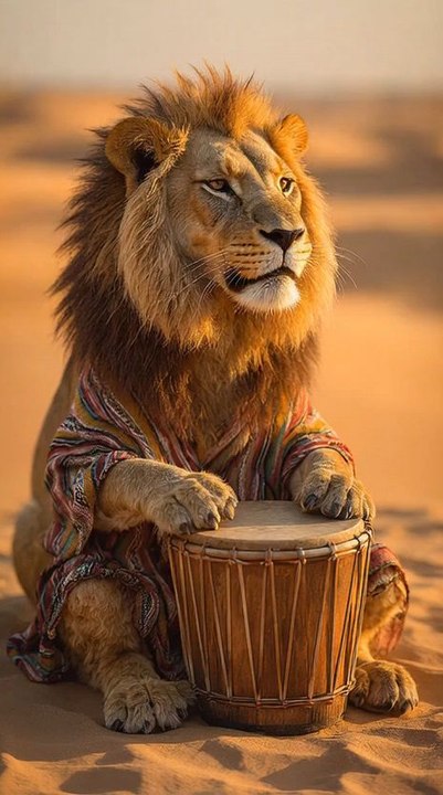 Lion play drums in desert