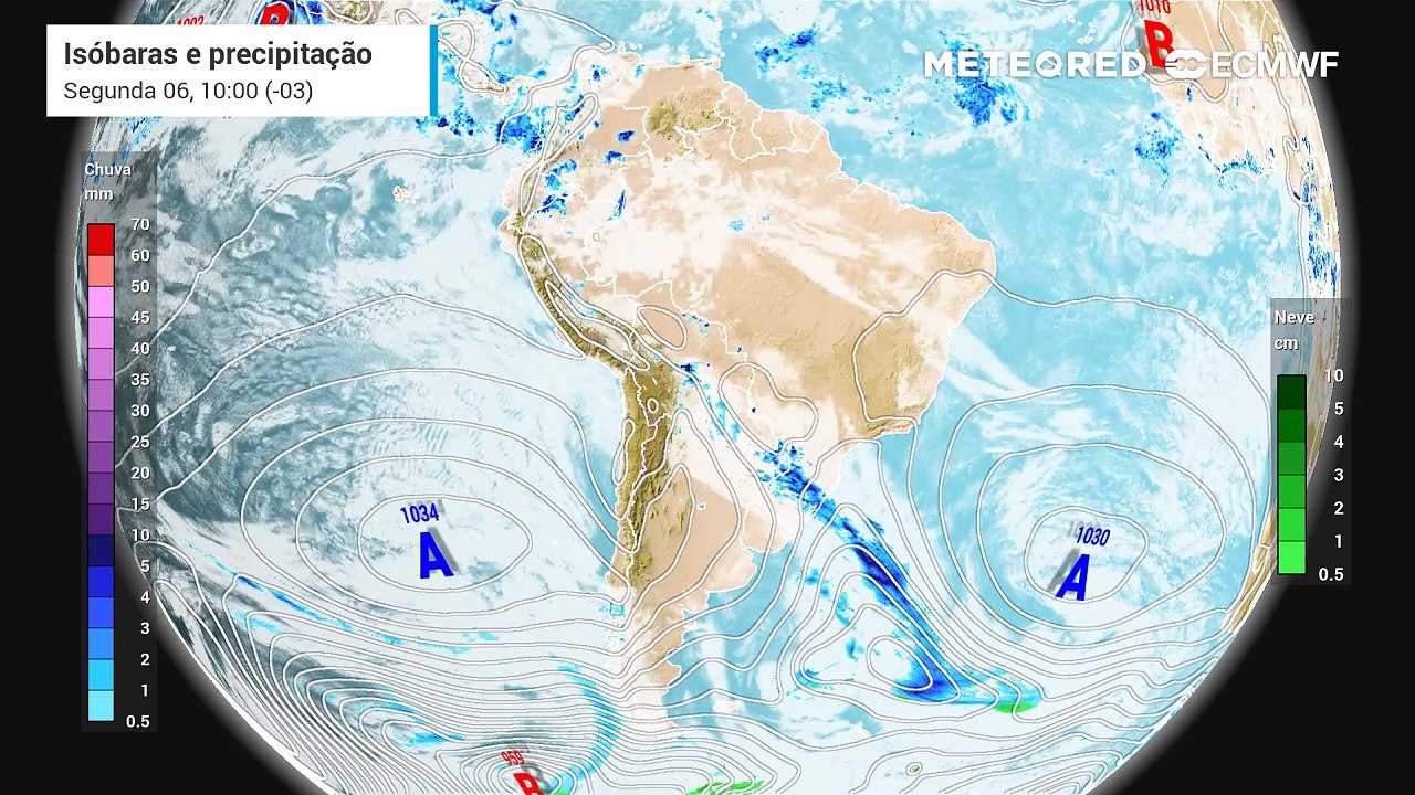 Previsão de pressão, nebulosidade e chuva até quarta-feira (08).