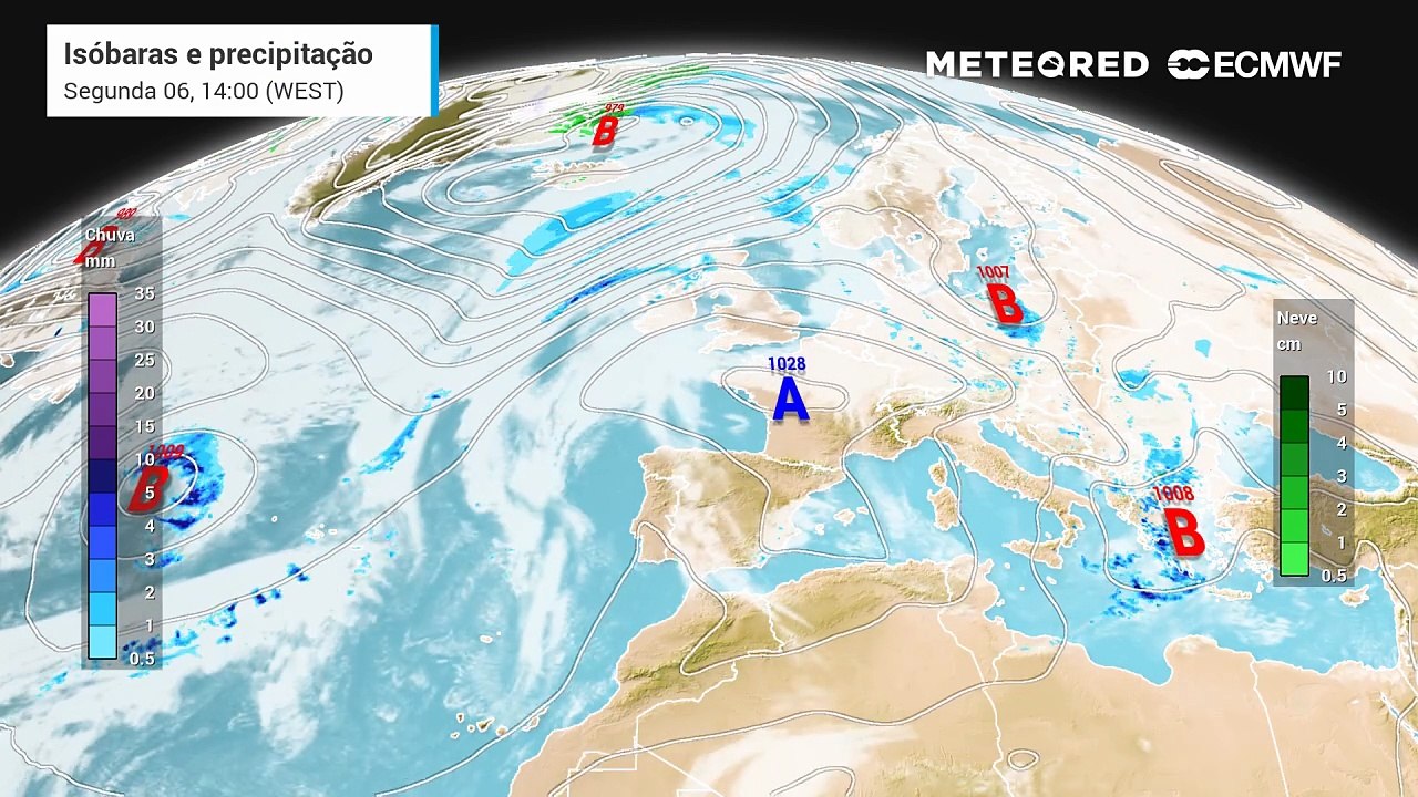 Altas pressões sob o arquipélago dos Açores e baixas pressões no continente