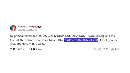 트럼프 "중·대형 트럭에 25% 관세, 11월부터 발효" / YTN