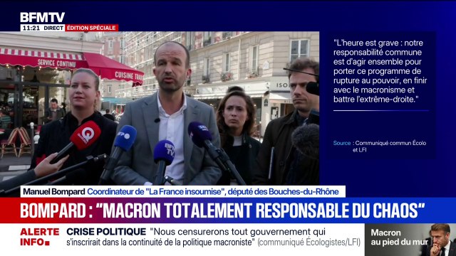 Manuel Bompard juge qu'Emmanuel Macron est totalement responsable de chaos