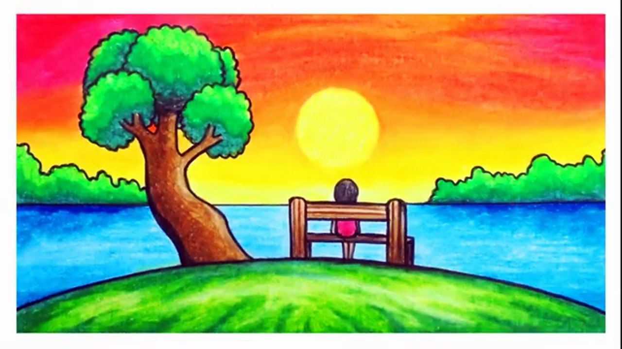 Drawing & Coloring Beautiful Sunset Scenery