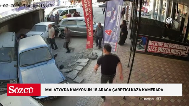 Freni arızalanan kamyonun 15 araca çarpması güvenlik kamerasında