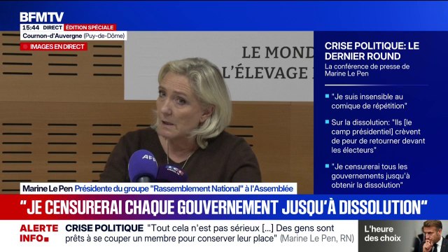 Crise politique: Je censurerai tous les gouvernements jusqu'à obtenir la dissolution , assure Marine Le Pen