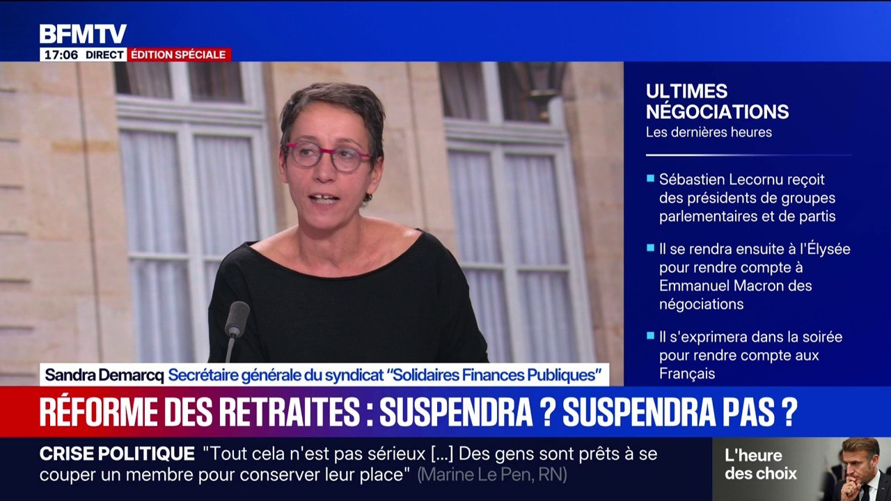 Suspension de la réforme des retraites: "On est assez étonné de ce revirement", assure Sandra Demarcq, secrétaire générale "Solidaires Finances Publiques"