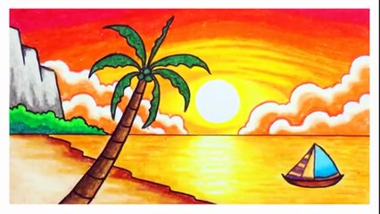 Drawing & Coloring Sea Beach Sunset Scenery
