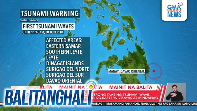 PHIVOLCS - Mahigit isang metrong taas ng tsunami wave, nagbabanta sa ilang panig ng Eastern Visayas at Mindanao | Balitanghali