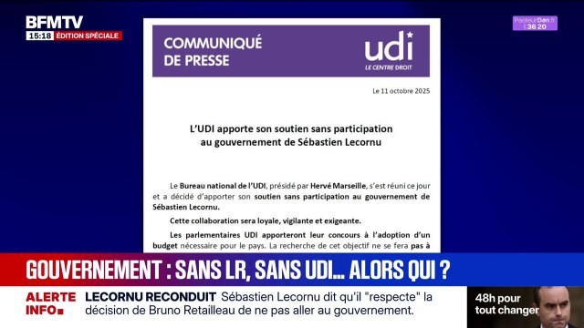 L'Union des démocrates et indépendants (UDI) annonce apporter son soutien sans participation au gouvernement de Sébastien Lecornu