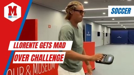 Atletico de Madrid Marcos Llorente gets frustrated with the grip strength challenge
