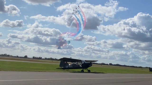 Planes create trails of colors across the sky at Roskilde Airshow 2025