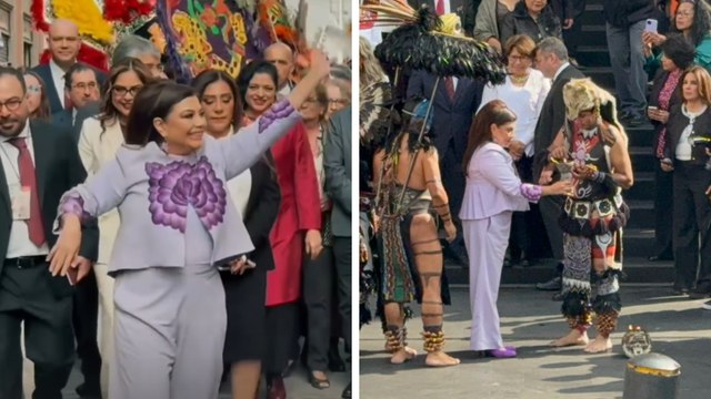 Clara Brugada llega al Congreso de la CDMX entre danzantes prehispánicos para su Primer Informe de Gobierno
