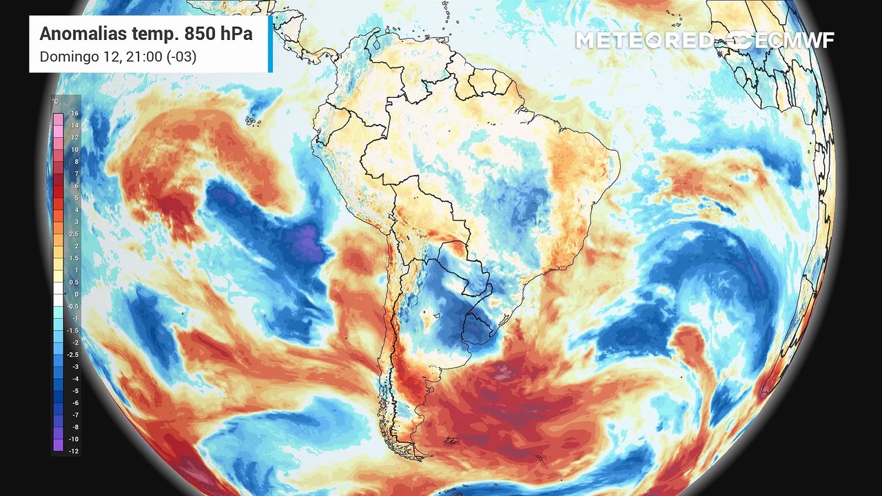 Domingo, 12 de outubro: anomalia de temperatura em 850 hPa (massas de ar)