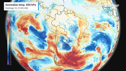 Domingo, 12 de outubro: anomalia de temperatura em 850 hPa (massas de ar)