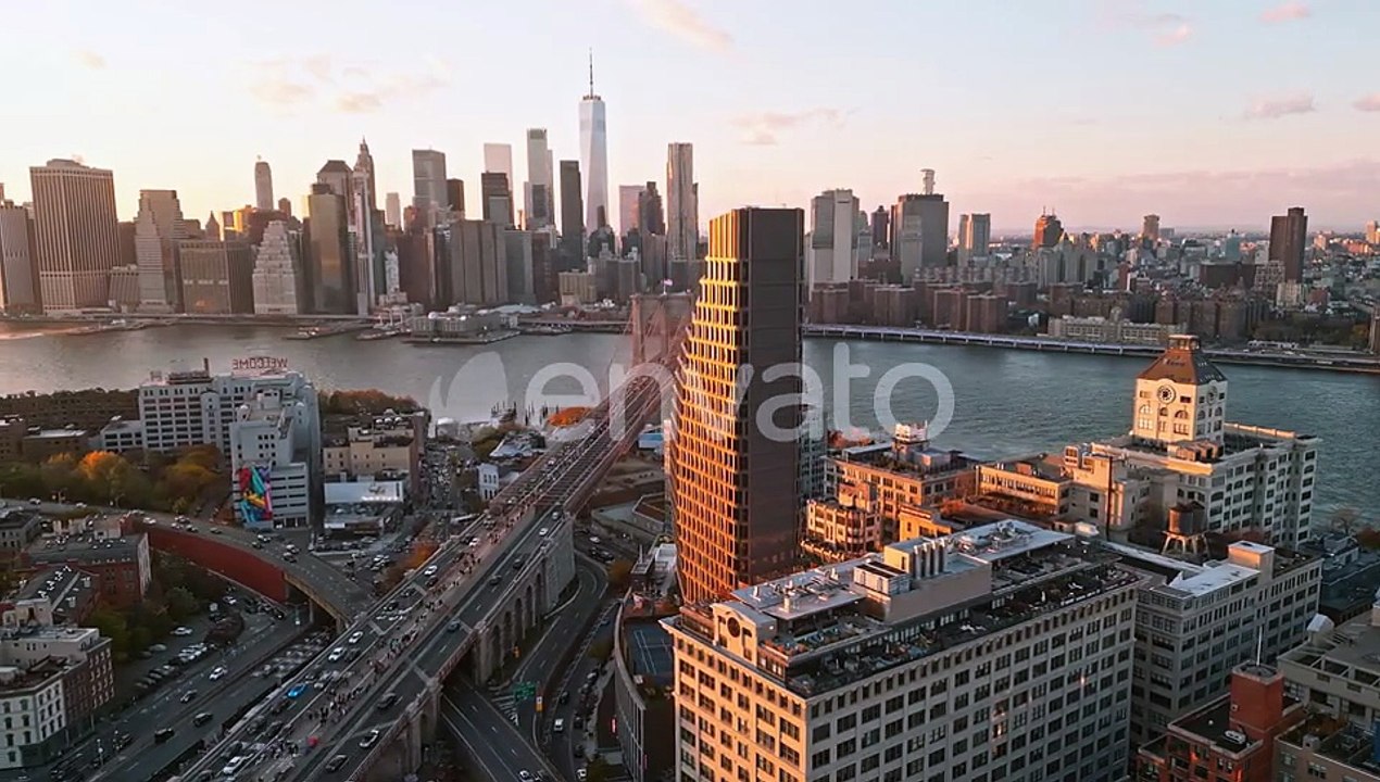 Brooklyn Midtown Skyline at Dusk Over Hudson River New York City Aerial Brooklyn Bridge New York