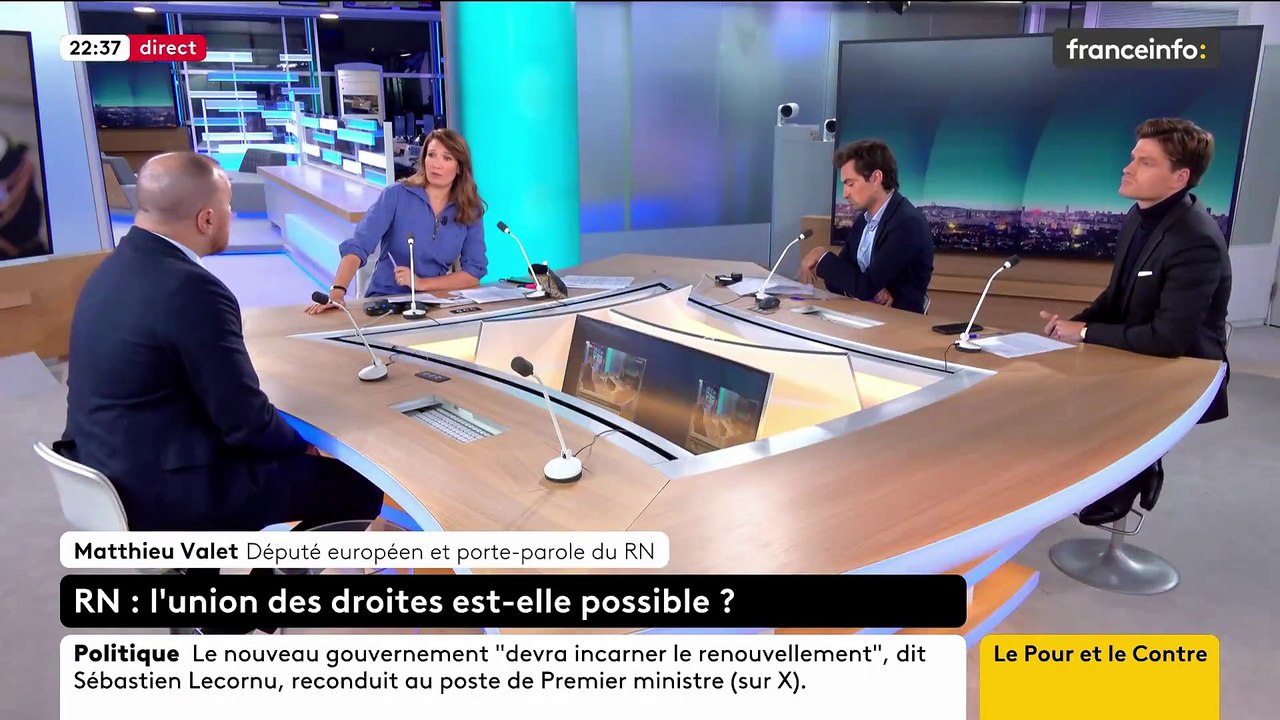 Incident sur la chaîne France Info quand, l"euro-député du Rassemblement National Matthieu Valet est pris à parti par la présentatrice et lui rappelle que "France Info est payée par tous les Français"