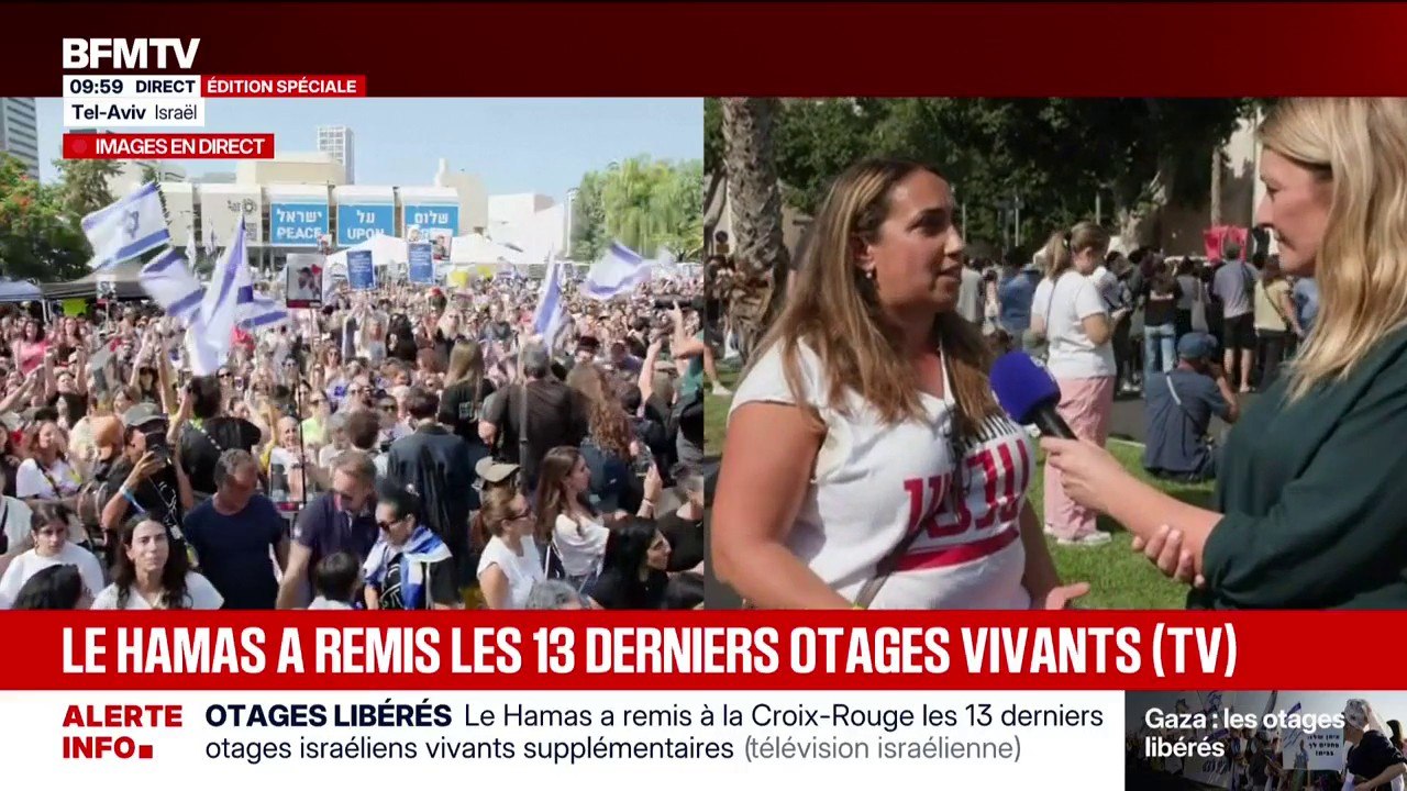 Émotion sur la place des otages à Tel-Aviv après l'annonce que tous les otages vivants ont été libérés par le Hamas