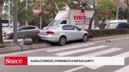 Alkollü sürücü, yaya geçidinin olduğu noktada otomobiliyle refüje çarptı