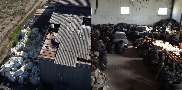 Capannone in eternit con carcasse, pneumatici e rifiuti pericolosi abbandonati: scatta sequestro (13.10.25)