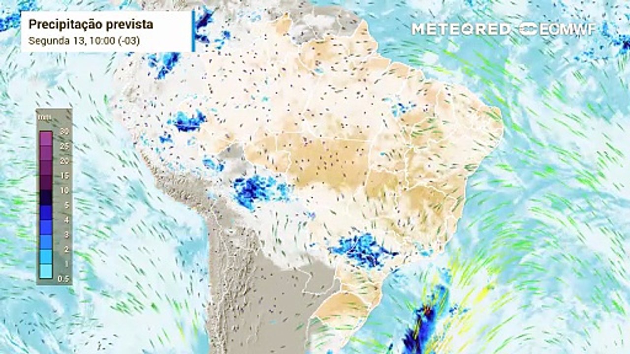 Segunda-feira , 13 de outubro: Previsão de nebulosidade e de precipitação para o Brasil entre a segunda (13) e quarta-feira (15).