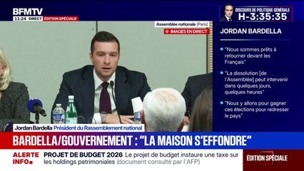 Jordan Bardella appelle "l'ensemble des députés courageux qui ne veulent pas se fondre dans le macronisme" à voter les motions de censure "d'où qu'elles viennent"