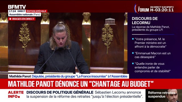 Discours de politique générale: Mathilde Panot, présidente LFI, dénonce un chantage au budget