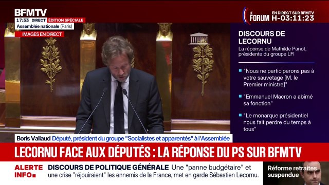 Boris Vallaud, président du groupe (Socialistes et apparentés) à l'Assemblée, déclare que ce qui se joue [aujourd'hui] est la démocratie