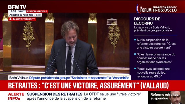 Discours de politique générale: Nous serons vigilants que vos mots se traduisent en acte , lance Boris Vallaud, président du groupe (Socialistes et apparentés) à Sébastien Lecornu