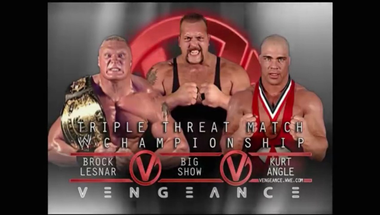 Kurt Angle vs Big Show vs Brock Lesnar WWE Heavyweight Title No Disqualification Triple Threat Match in Vengeance 2003