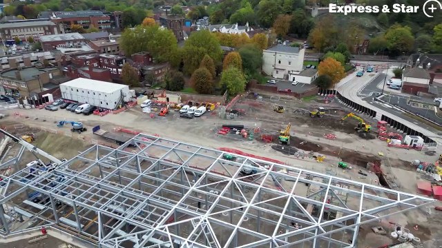 Aerial footage of the new Dudley interchange building, being built off Fisher Street, on the site of the former Dudley bus station.