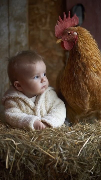 baby playing with hen