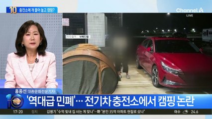 반려견 두 마리 풀어놓고 전기 충전소서 캠핑
