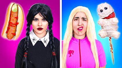Halloween food challenge || Wednesday vs Barbie diy Halloween treats by 123 Go!