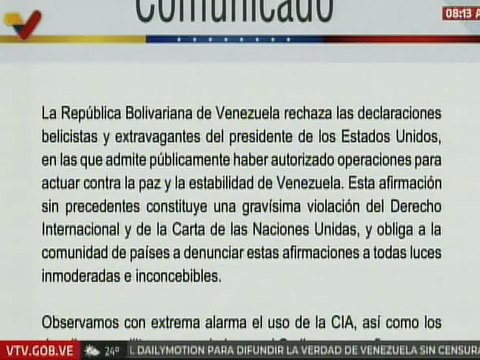 Venezuela rechaza declaraciones belicistas del presidente de EE. UU. contra la nación bolivariana