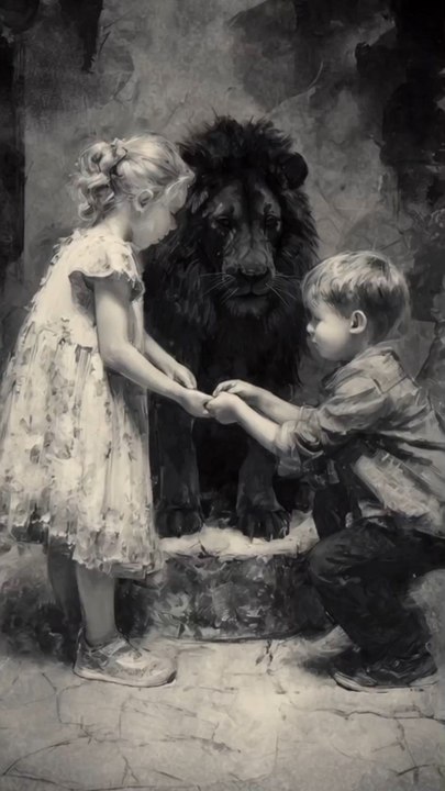 children playing with lion
