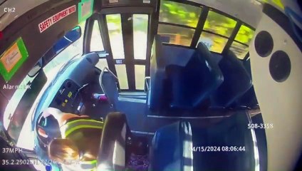 on board security cam of a school bus crashing into a house (2024)