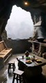 Cave Resort Kitchen, Stone Walls, Firelight.