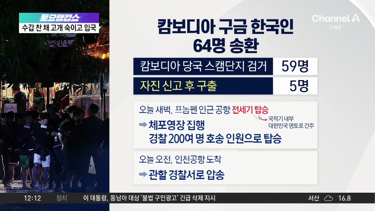 캄보디아 송환 64명, 전원 마약 검사 후 범죄 조사
