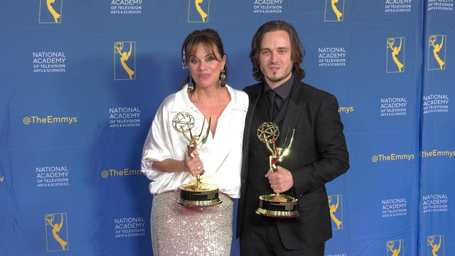 2025 Daytime Emmy Award winners Nancy Lee Grahn and Jonathan Jackson pose together with their awards