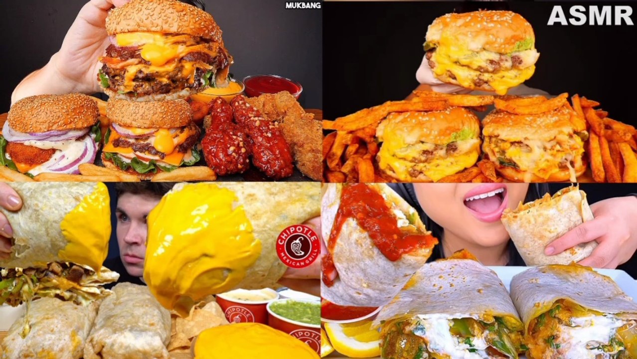 ASMR MUKBANG | BIG BURRITO, CHEESEBURGER | ASMR EATING COMPILATION ...