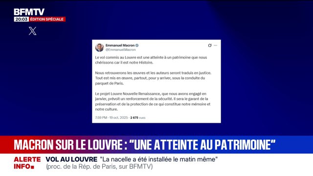 Vol au Louvre: sur X, Emmanuel Macron assure qu'ils retrouveront les œuvres et les auteurs seront traduits en justice