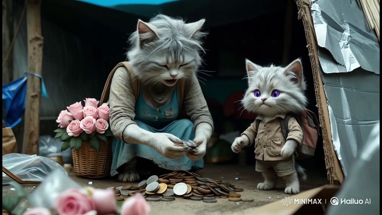 Poor Mama Cat Sells Flowers at Night to Feed Her Baby Kitten 🌧️💔