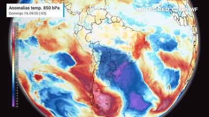 Domingo, 19 de outubro: anomalia de temperatura em 850 hPa (massas de ar)