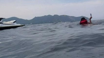 Jet ski ride at high speed ends with sudden wipeout after ocean takes control