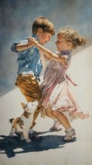 children dancing playing with puppy